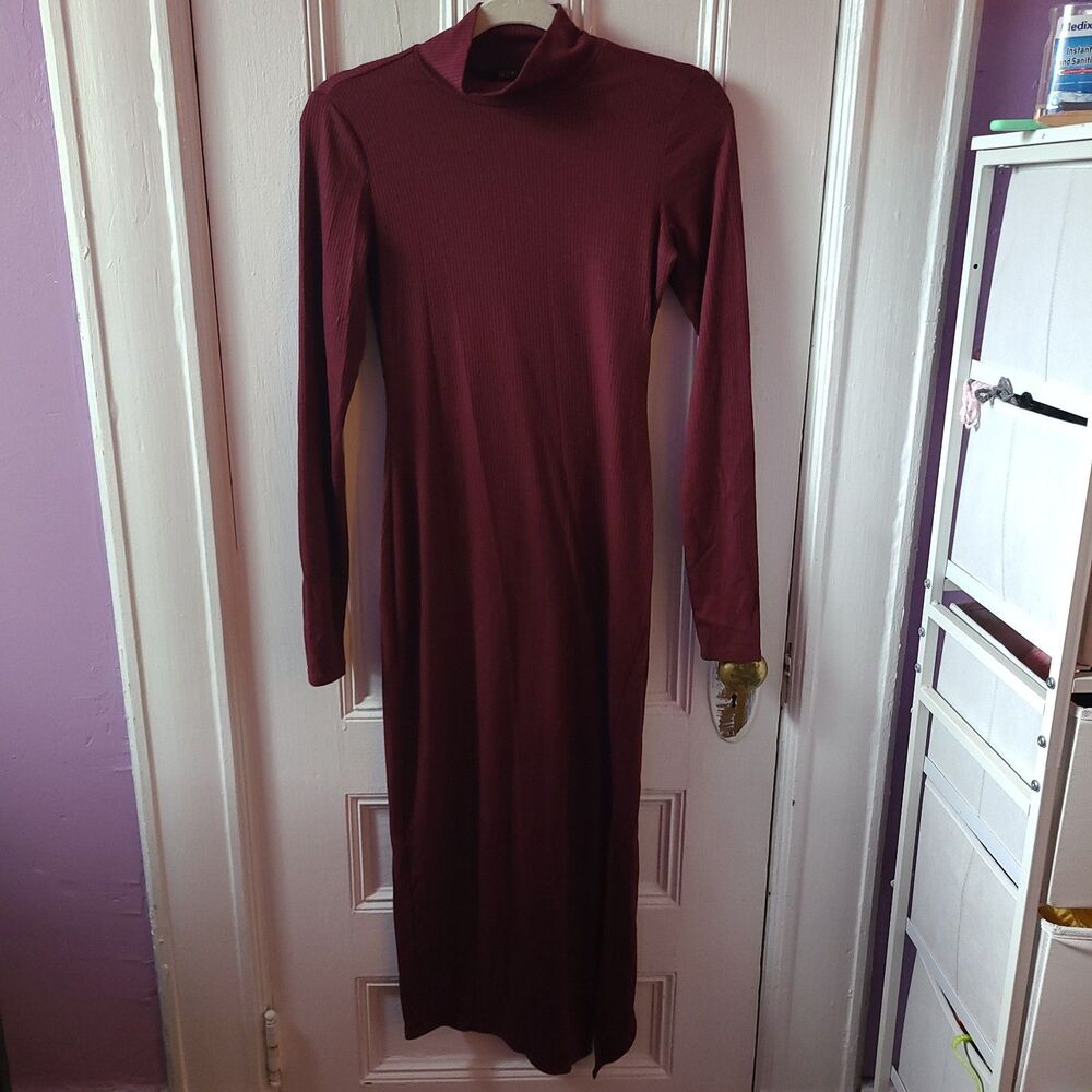 AFRM Burgundy Ribbed Knit Mock Neck Long Sleeve Bodycon Midi Dress S/P